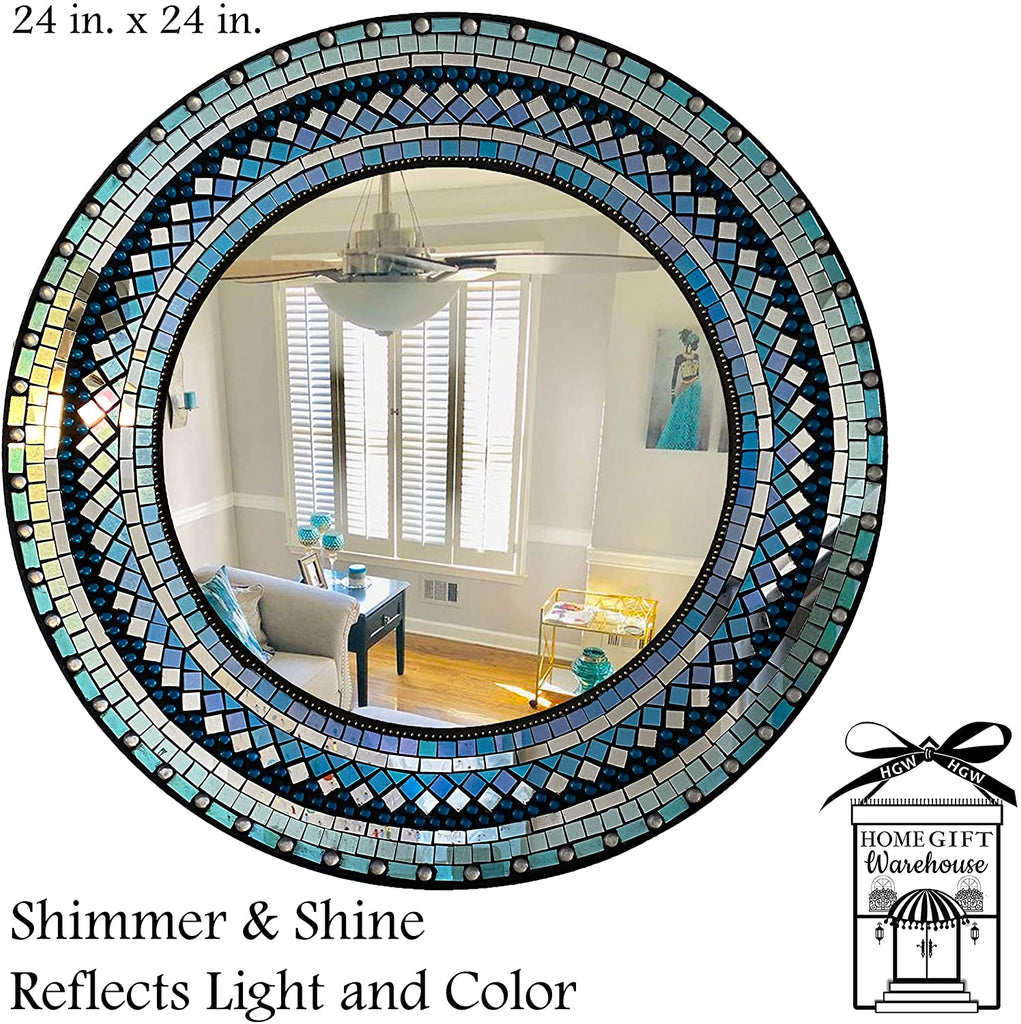 Home Gift Warehouse  Mosaic Decorative Wall Mirror, 24" Round Wall Mirror of Turquoise, Sea Green, Emerald & Aqua Blue, Iridescent Reflective Rainbow Glass Tile Décor
