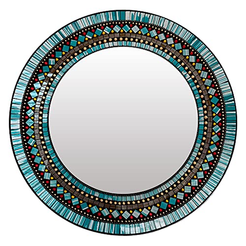 Home Gift Warehouse 24" Round Mosaic Mirror, Mirror Wall Art Décor, Handcrafted Decorative Mosaic Mirror, Teal, Turquoise, White, Orange, Red, Yellow with Reflective Mosaic Mirror for Bedroom, Bathroom