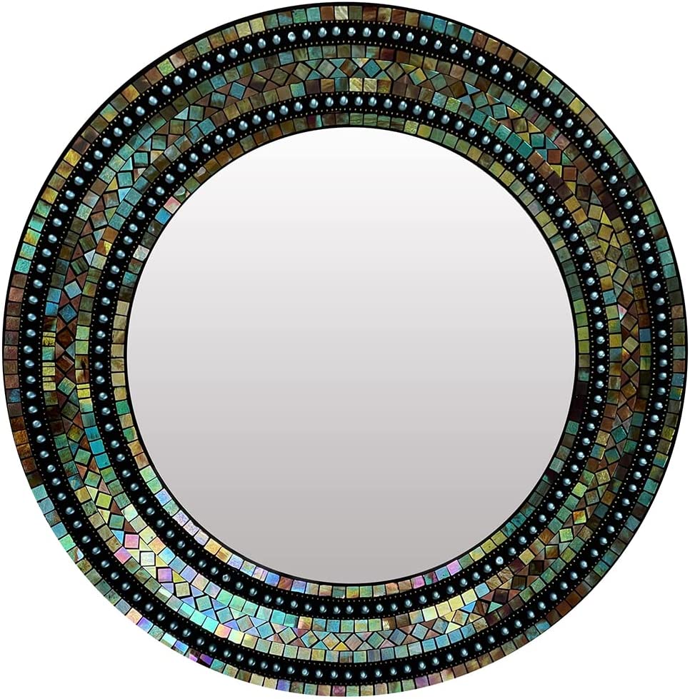 Home Gift Warehouse Mosaic Mirror, Handcrafted Round Mosaic Mirror, Decorative Wall Mosaic Mirror of Green, Brown, Turquoise, Yellow and Blue, 24" Mosaic Piece Frame Wall Mirror (Rainbow)